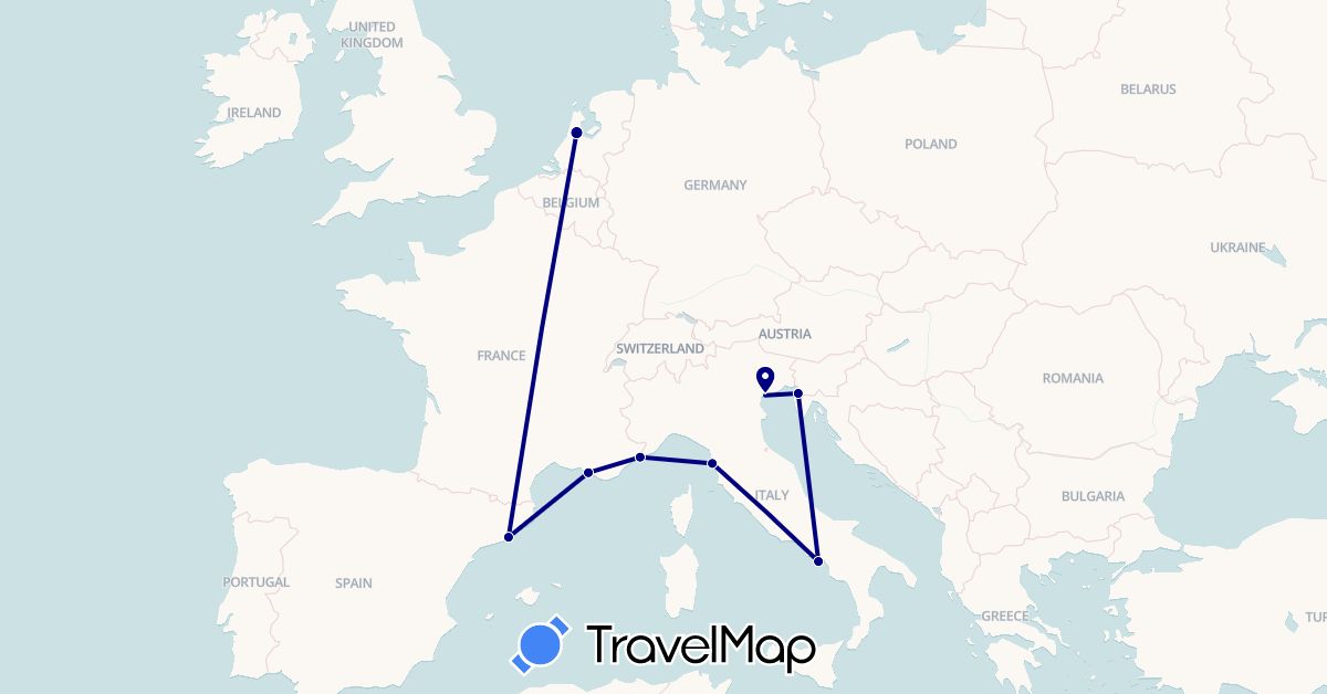 TravelMap itinerary: driving in Spain, France, Italy, Monaco, Netherlands, Slovenia (Europe)